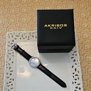 Akribos XXIV Black Leather Strap Watch with Silver Crystal Bezel